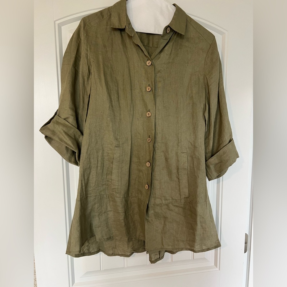 Olive Green linen Button-Up Women's Top